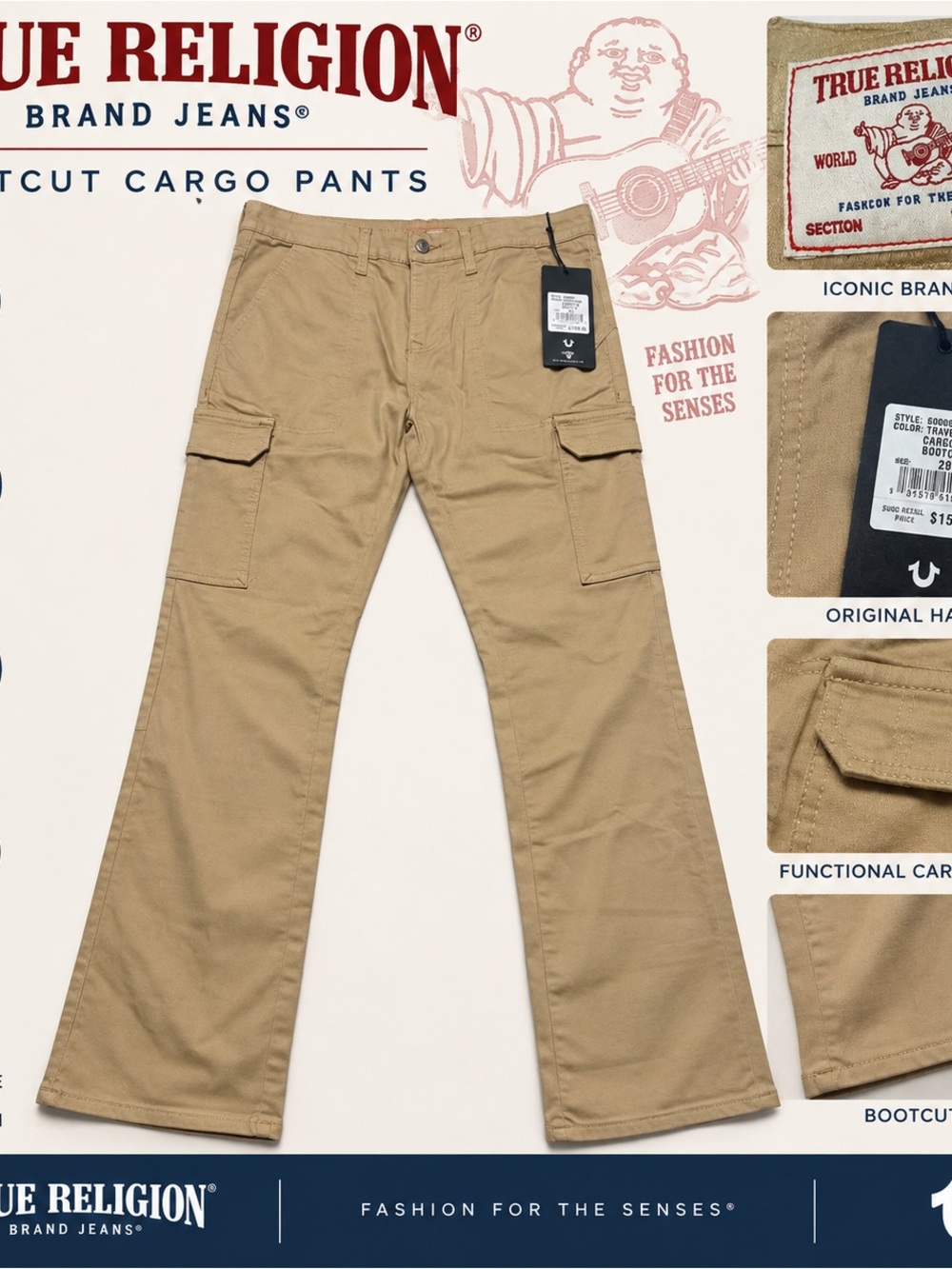 True Religion Tan Cargo Bootcut Pants Size 29